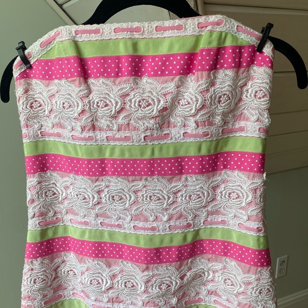 Lilly Pulitzer Dress 4 Strapless Pink Green White Lace Floral Polka Dot Ribbon - Picture 4 of 11